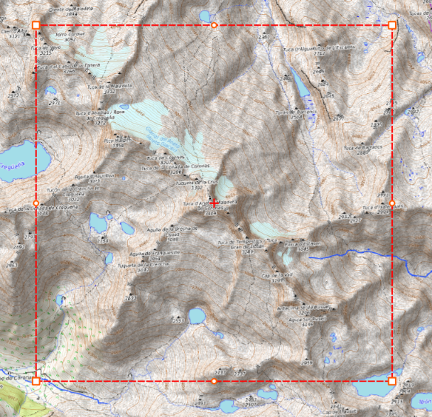 The complete selected area in QGIS, showing all four corners, side handles and the centre marker.