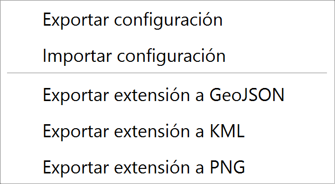 PRO’s ‘Settings’ menu, with options to export and import settings and export the extent.