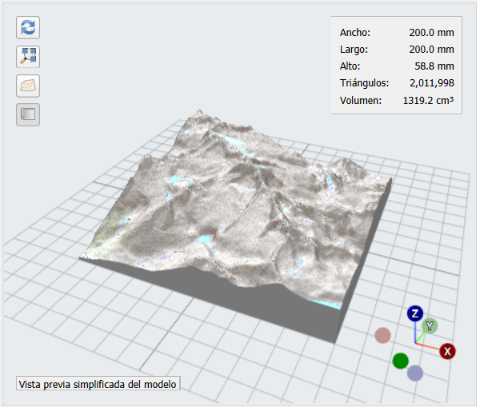 Preview of the current model in PRO’s 3D viewer: terrain, base and dimensions before export.