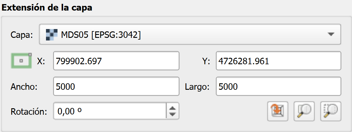 DEM selected under ‘Layer’, with its EPSG:3042 reference system and extent controls.