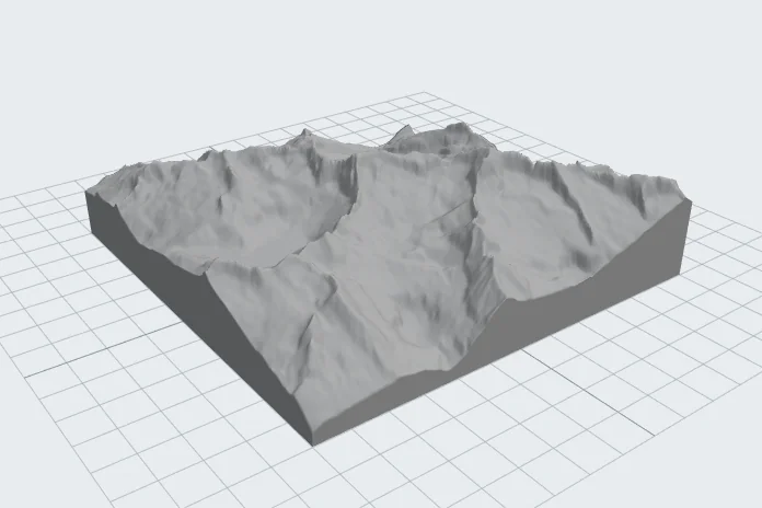 Vista oblicua de un modelo de terreno con base y paredes verticales para impresión 3D